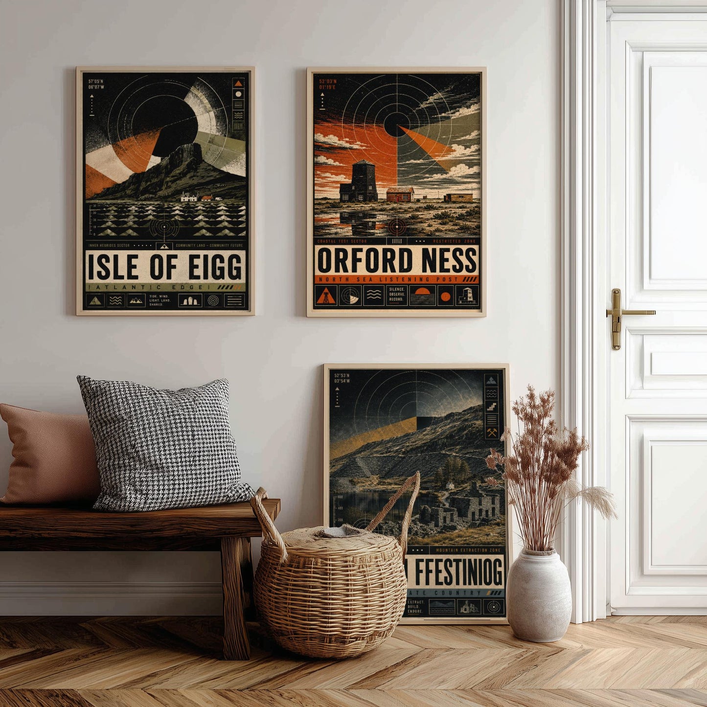 Set of Three Travel Posters - Isle of Eigg, Orford Ness, Blaenau Ffestiniog - Retro Art Print Illustration Gift Wall Decor