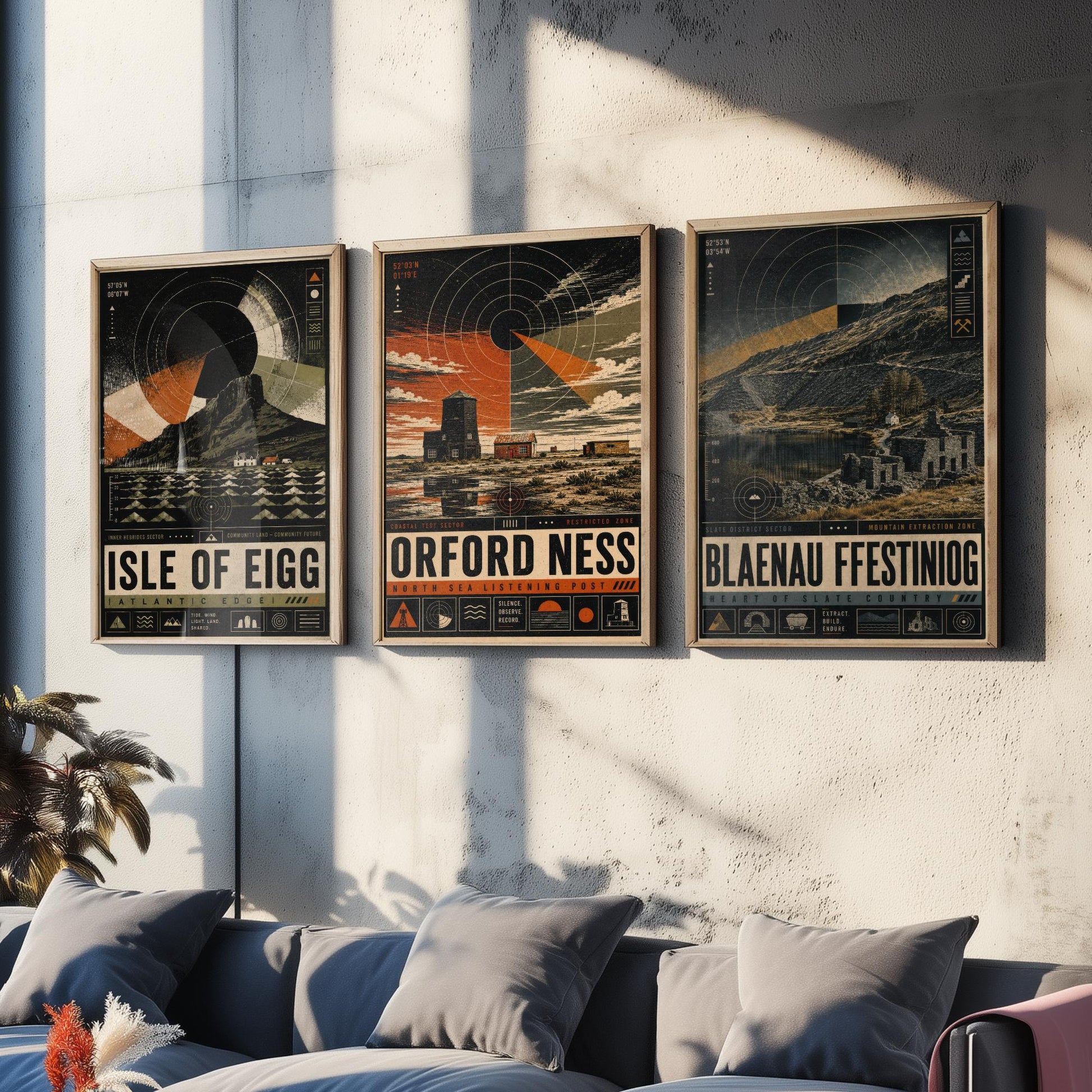 Set of Three Travel Posters - Isle of Eigg, Orford Ness, Blaenau Ffestiniog - Retro Art Print Illustration Gift Wall Decor
