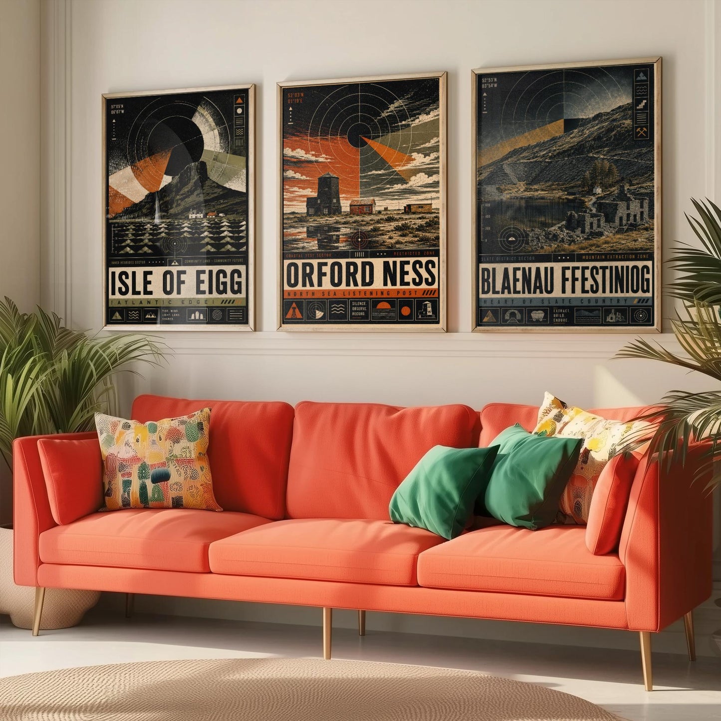 Set of Three Travel Posters - Isle of Eigg, Orford Ness, Blaenau Ffestiniog - Retro Art Print Illustration Gift Wall Decor