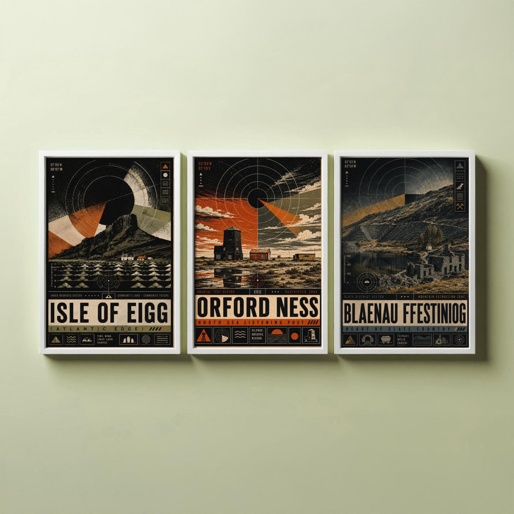 Set of Three Travel Posters - Isle of Eigg, Orford Ness, Blaenau Ffestiniog - Retro Art Print Illustration Gift Wall Decor