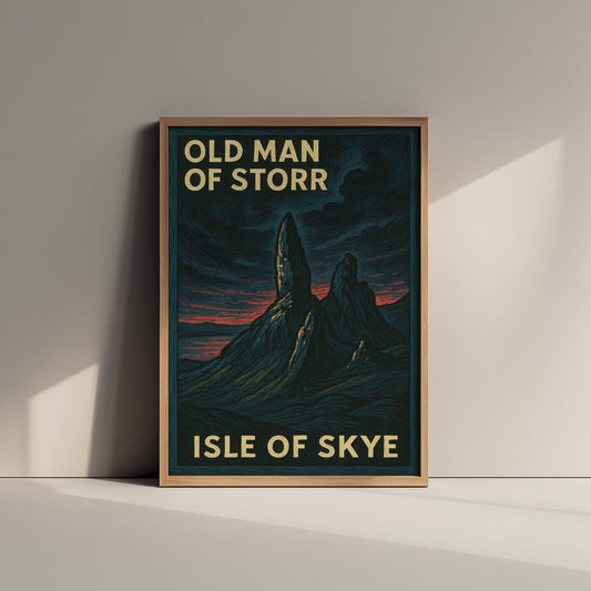 Old Man of Storr Travel Poster - Isle of Skye Art Print - Moody Woodcut Landscape - Scotland 1/3