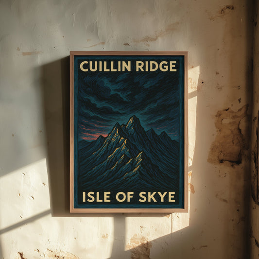 Cuillin Ridge Travel Poster - Isle of Skye Art Print - Moody Woodcut Landscape - Scotland 2/3