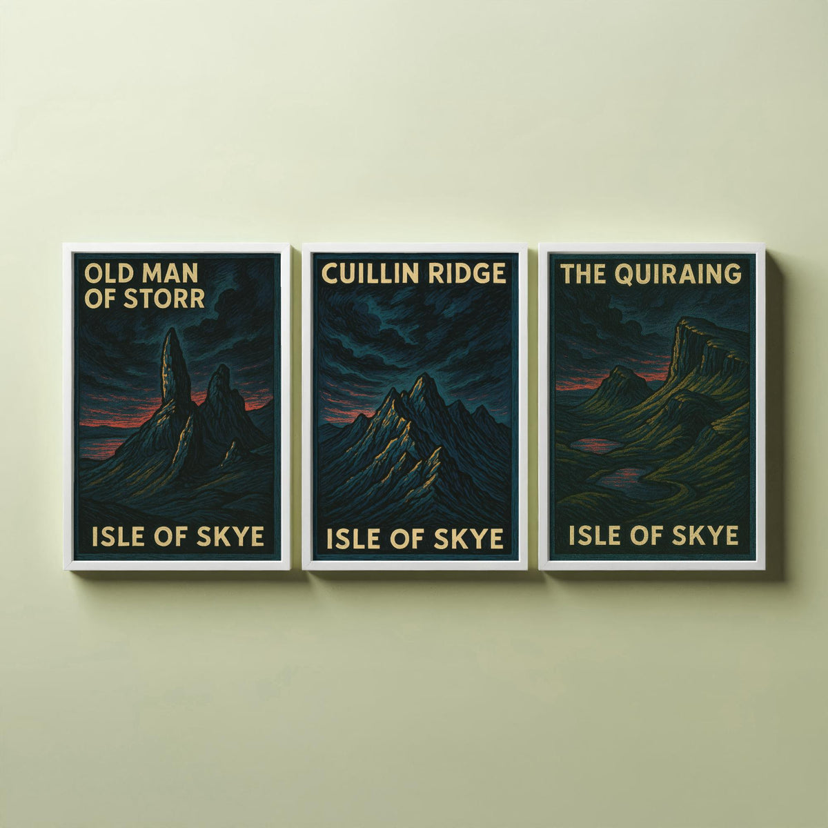 Isle of Skye Set of Three Prints - Old Man of Storr Cuillin Ridge Quiraing - 3 Woodcut Poster Scotland Wall Art Gift Illustration Mountain