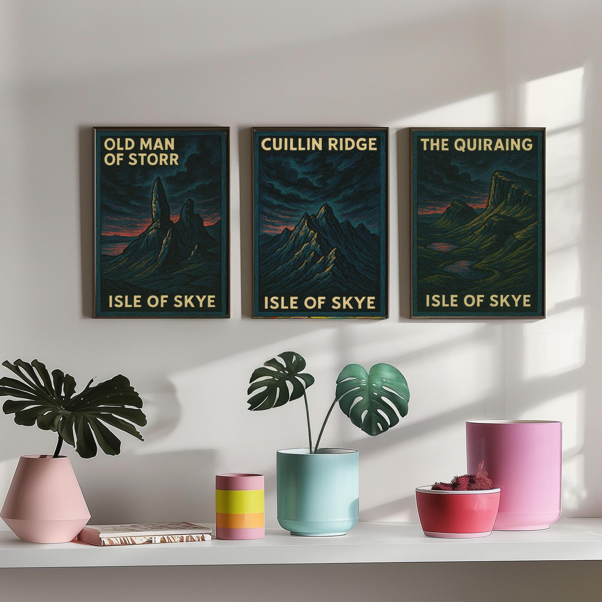 Isle of Skye Set of Three Prints - Old Man of Storr Cuillin Ridge Quiraing - 3 Woodcut Poster Scotland Wall Art Gift Illustration Mountain