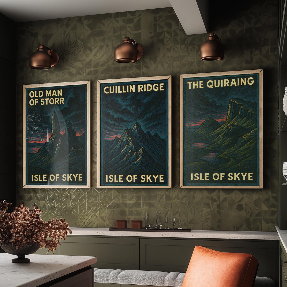 Isle of Skye Set of Three Prints - Old Man of Storr Cuillin Ridge Quiraing - 3 Woodcut Poster Scotland Wall Art Gift Illustration Mountain