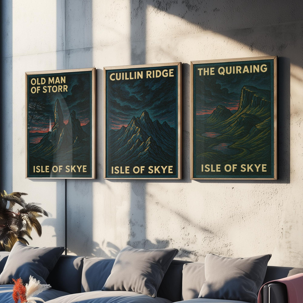 Isle of Skye Set of Three Prints - Old Man of Storr Cuillin Ridge Quiraing - 3 Woodcut Poster Scotland Wall Art Gift Illustration Mountain