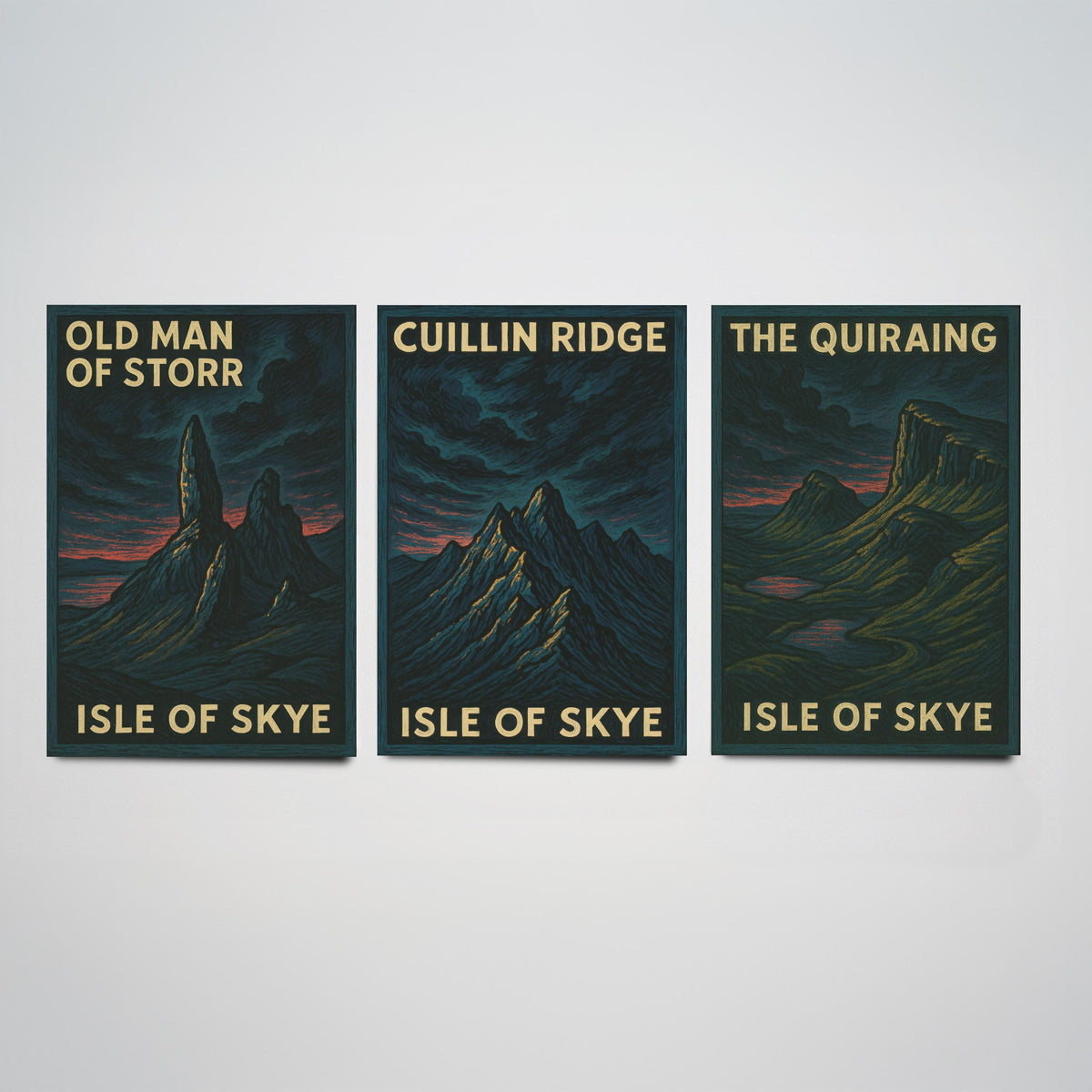 Isle of Skye Set of Three Prints - Old Man of Storr Cuillin Ridge Quiraing - 3 Woodcut Poster Scotland Wall Art Gift Illustration Mountain
