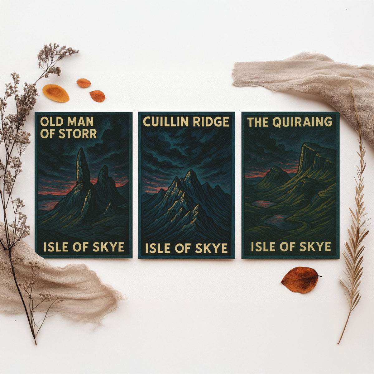 Isle of Skye Set of Three Prints - Old Man of Storr Cuillin Ridge Quiraing - 3 Woodcut Poster Scotland Wall Art Gift Illustration Mountain