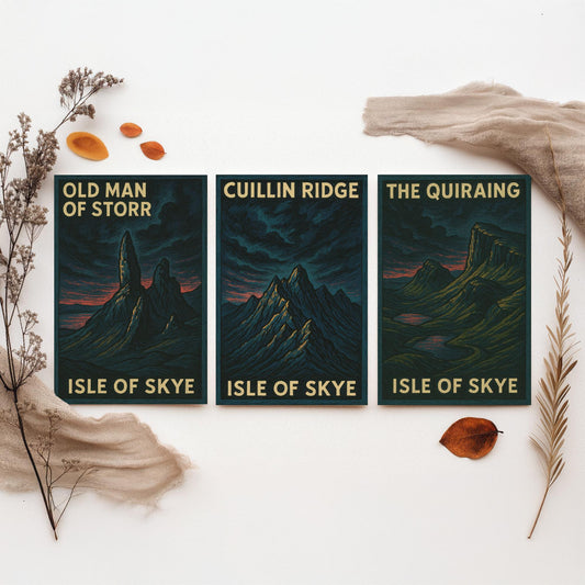 Isle of Skye Set of Three Prints - Old Man of Storr Cuillin Ridge Quiraing - 3 Woodcut Poster Scotland Wall Art Gift Illustration Mountain