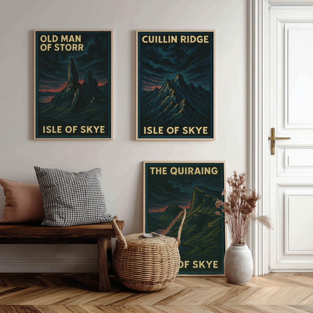 Isle of Skye Set of Three Prints - Old Man of Storr Cuillin Ridge Quiraing - 3 Woodcut Poster Scotland Wall Art Gift Illustration Mountain
