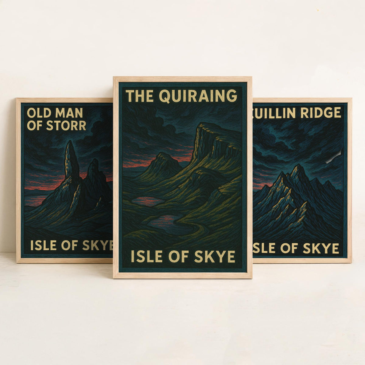 Isle of Skye Set of Three Prints - Old Man of Storr Cuillin Ridge Quiraing - 3 Woodcut Poster Scotland Wall Art Gift Illustration Mountain