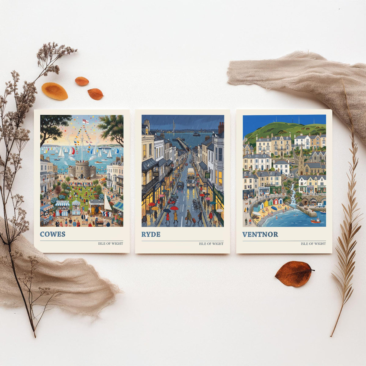 Isle of Wight Set of Three Art Prints - Cowes, Ryde, Ventnor - 3 Colourful Folk Illustration Travel Posters - Island Painting