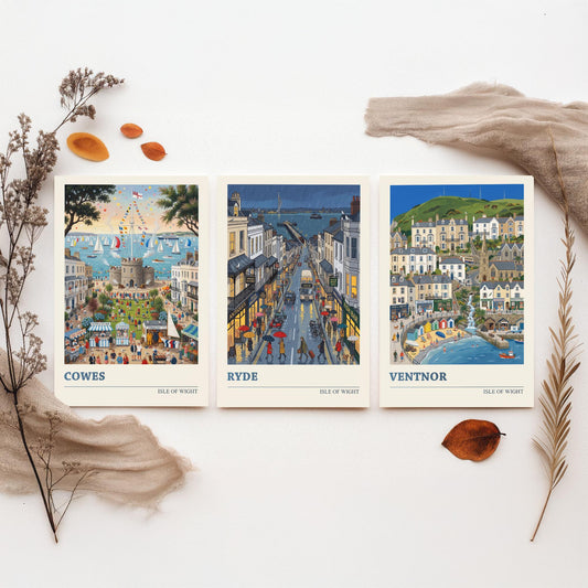 Isle of Wight Set of Three Art Prints - Cowes, Ryde, Ventnor - 3 Colourful Folk Illustration Travel Posters - Island Painting