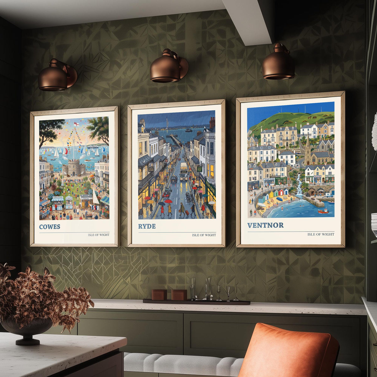 Isle of Wight Set of Three Art Prints - Cowes, Ryde, Ventnor - 3 Colourful Folk Illustration Travel Posters - Island Painting
