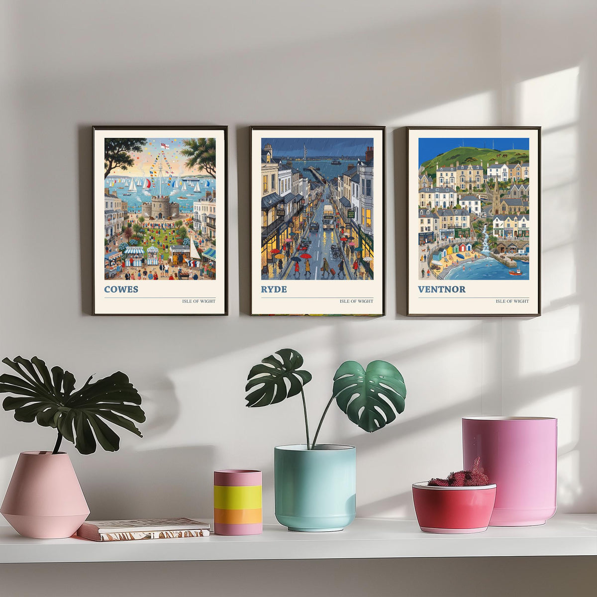 Isle of Wight Set of Three Art Prints - Cowes, Ryde, Ventnor - 3 Colourful Folk Illustration Travel Posters - Island Painting
