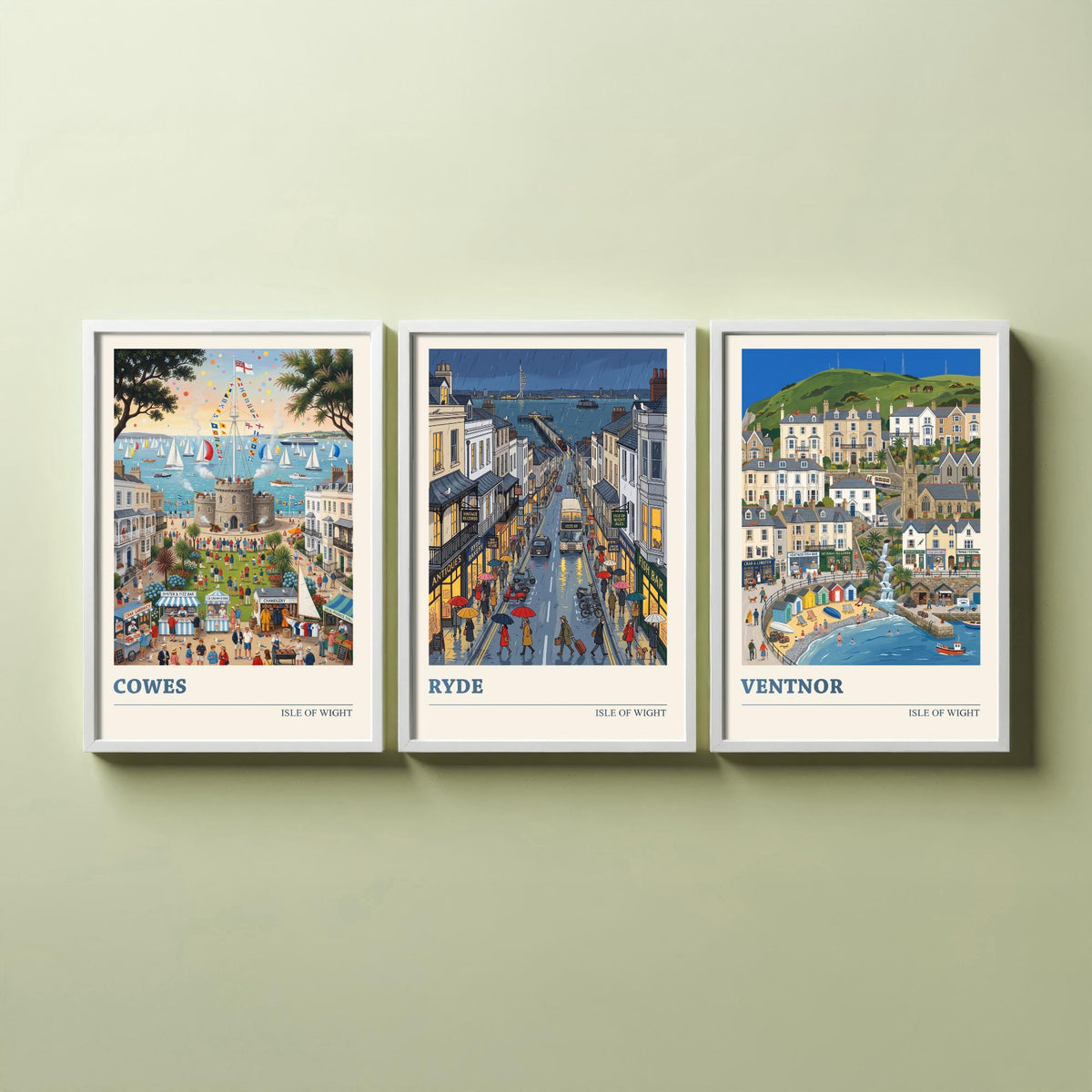 Isle of Wight Set of Three Art Prints - Cowes, Ryde, Ventnor - 3 Colourful Folk Illustration Travel Posters - Island Painting