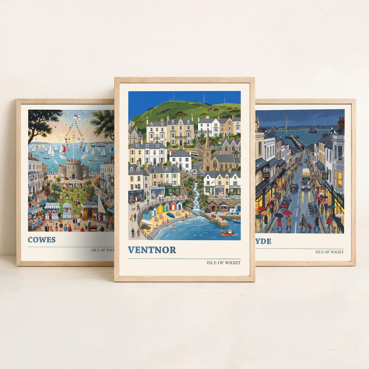 Isle of Wight Set of Three Art Prints - Cowes, Ryde, Ventnor - 3 Colourful Folk Illustration Travel Posters - Island Painting