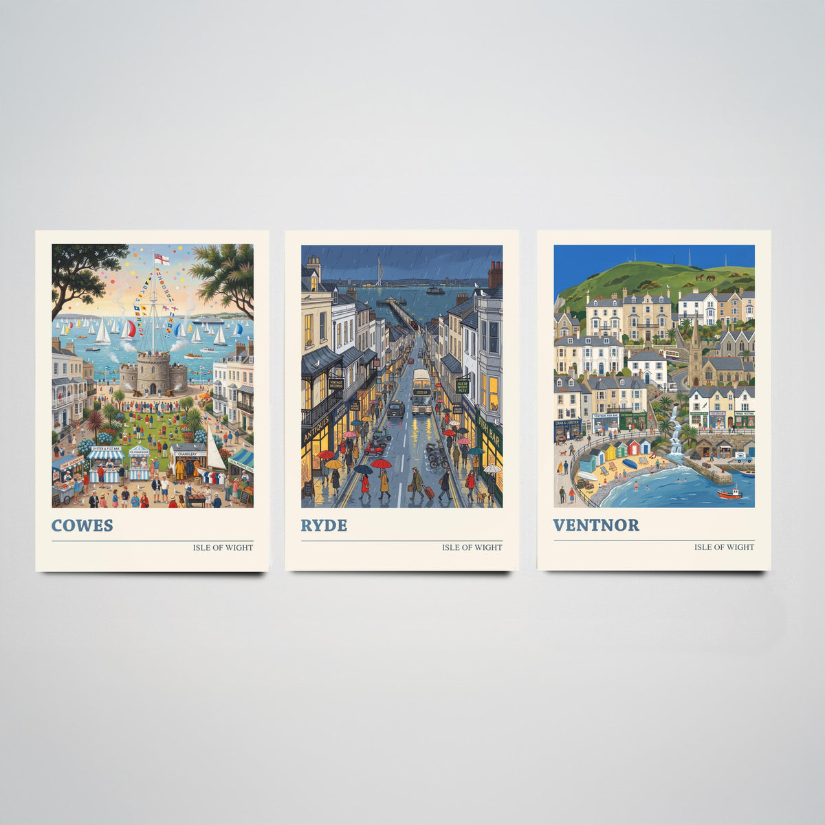 Isle of Wight Set of Three Art Prints - Cowes, Ryde, Ventnor - 3 Colourful Folk Illustration Travel Posters - Island Painting