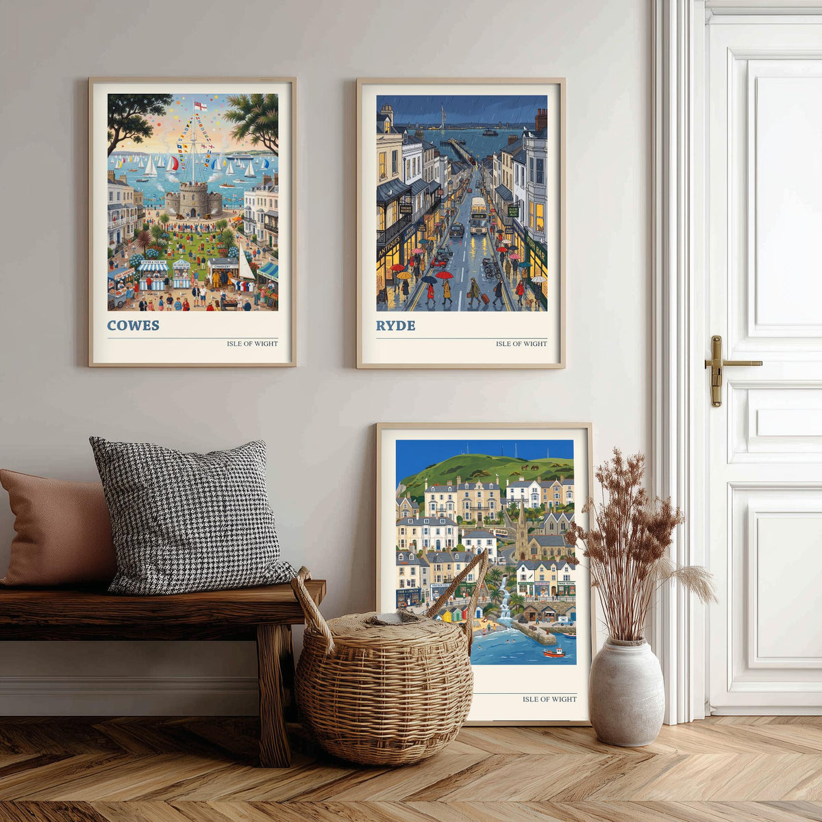 Isle of Wight Set of Three Art Prints - Cowes, Ryde, Ventnor - 3 Colourful Folk Illustration Travel Posters - Island Painting
