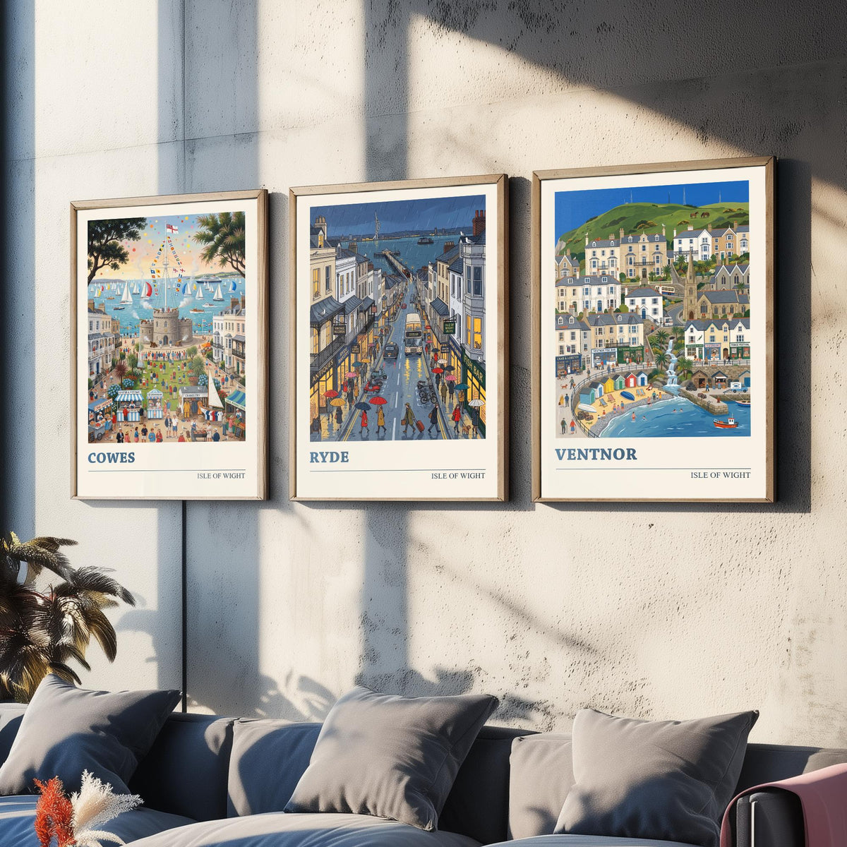 Isle of Wight Set of Three Art Prints - Cowes, Ryde, Ventnor - 3 Colourful Folk Illustration Travel Posters - Island Painting