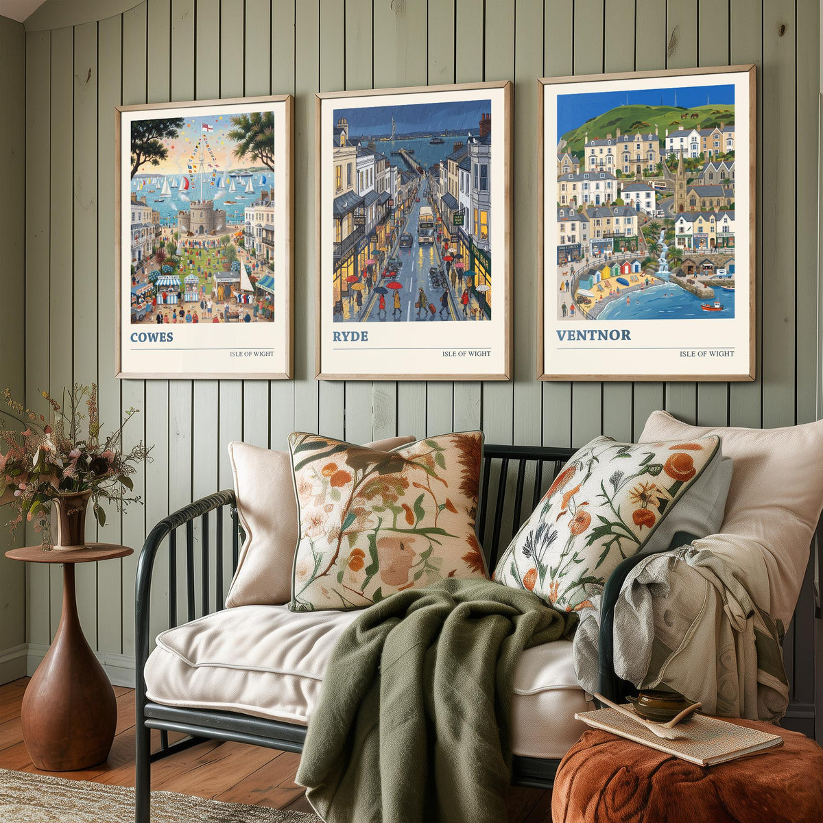 Isle of Wight Set of Three Art Prints - Cowes, Ryde, Ventnor - 3 Colourful Folk Illustration Travel Posters - Island Painting