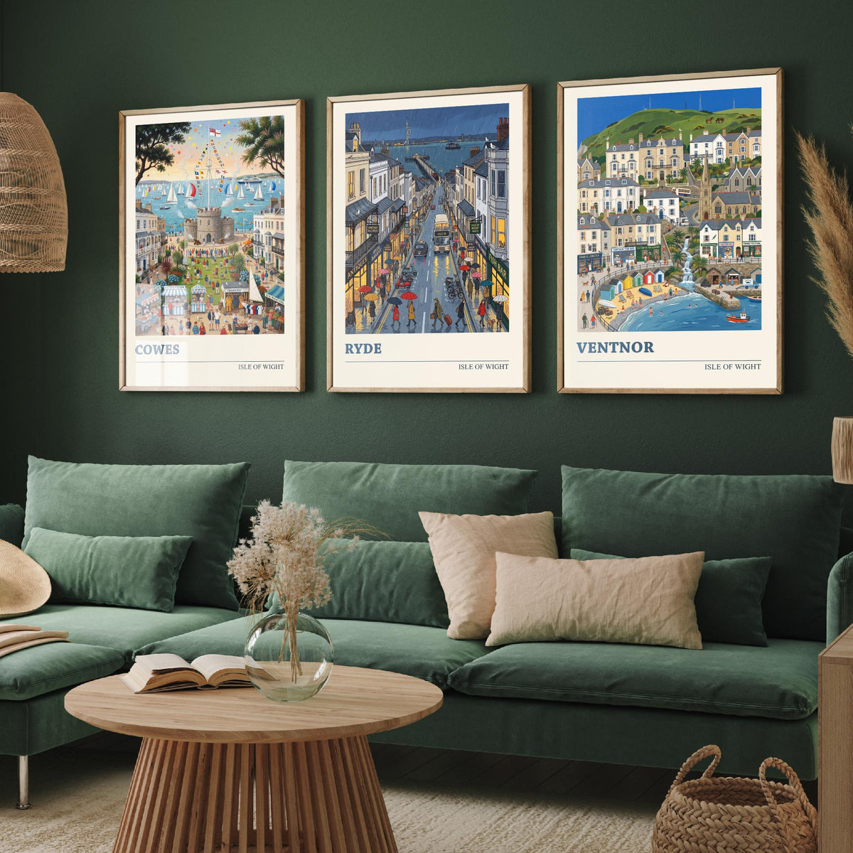 Isle of Wight Set of Three Art Prints - Cowes, Ryde, Ventnor - 3 Colourful Folk Illustration Travel Posters - Island Painting