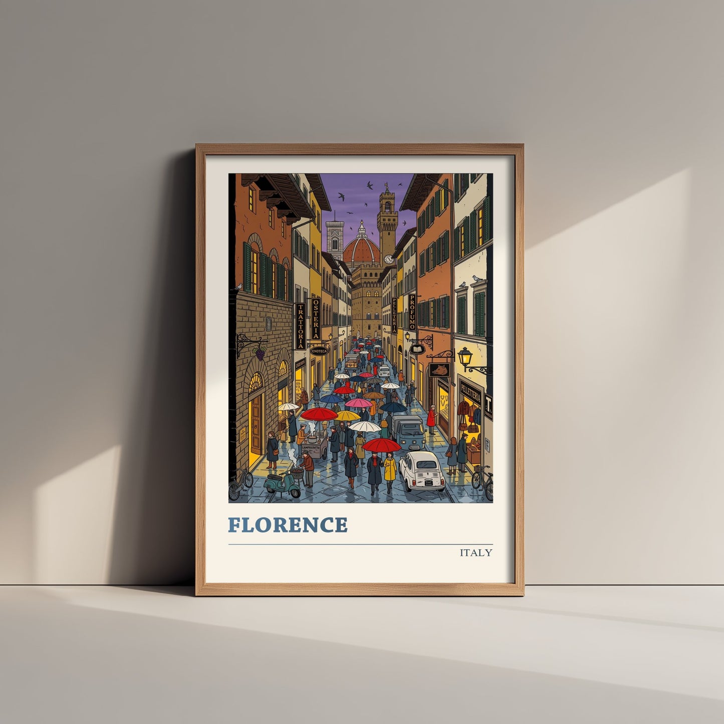 Florence Italy Art Print - Rainy Evening Folk Art Illustration - Duomo and Palazzo Vecchio - Tuscany Travel Poster 1/3