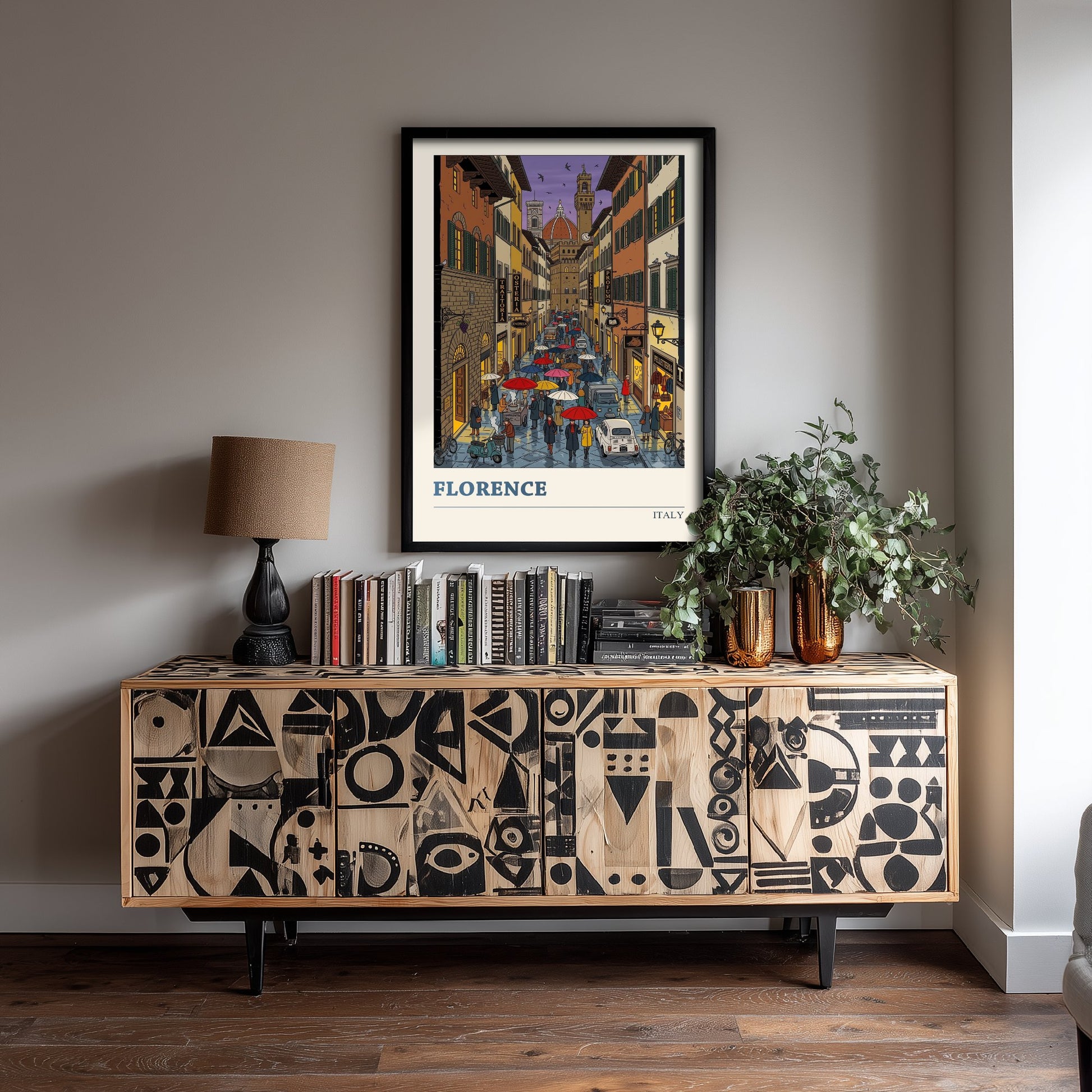 Florence Italy Art Print - Rainy Evening Folk Art Illustration - Duomo and Palazzo Vecchio - Tuscany Travel Poster 1/3