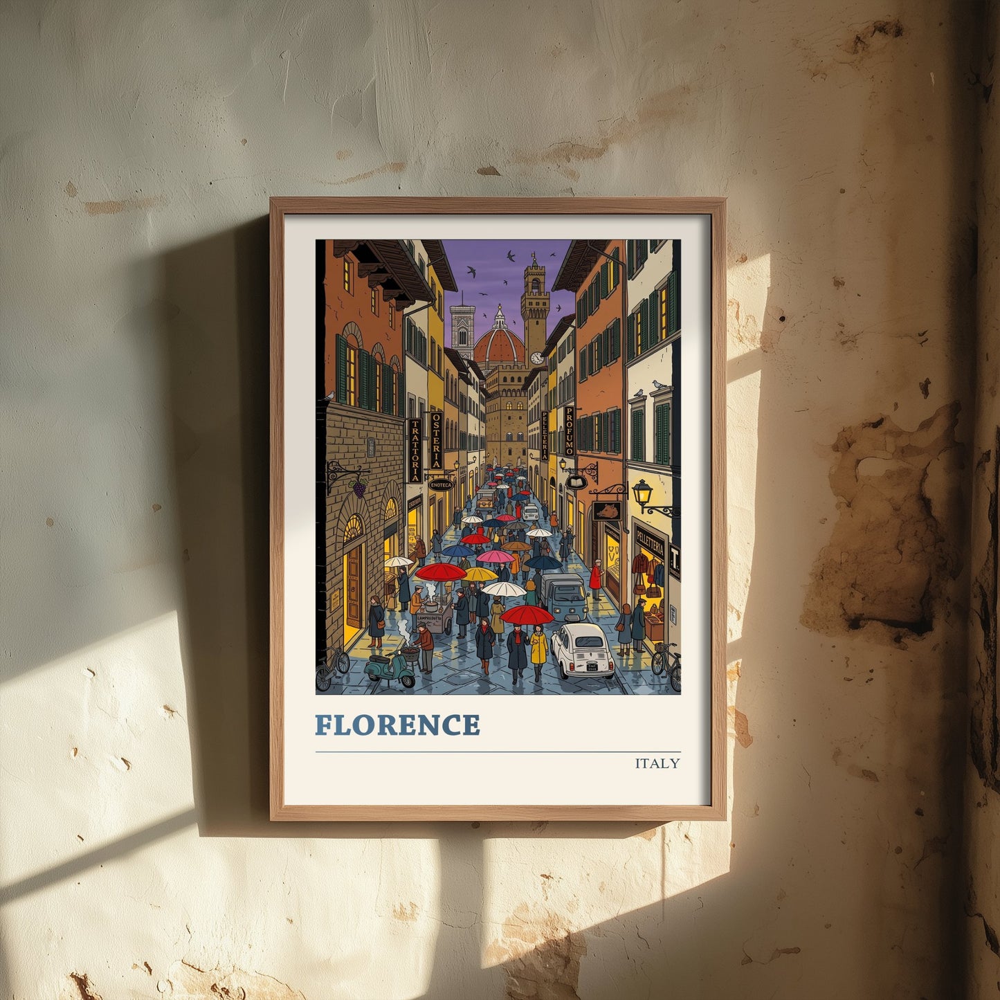 Florence Italy Art Print - Rainy Evening Folk Art Illustration - Duomo and Palazzo Vecchio - Tuscany Travel Poster 1/3