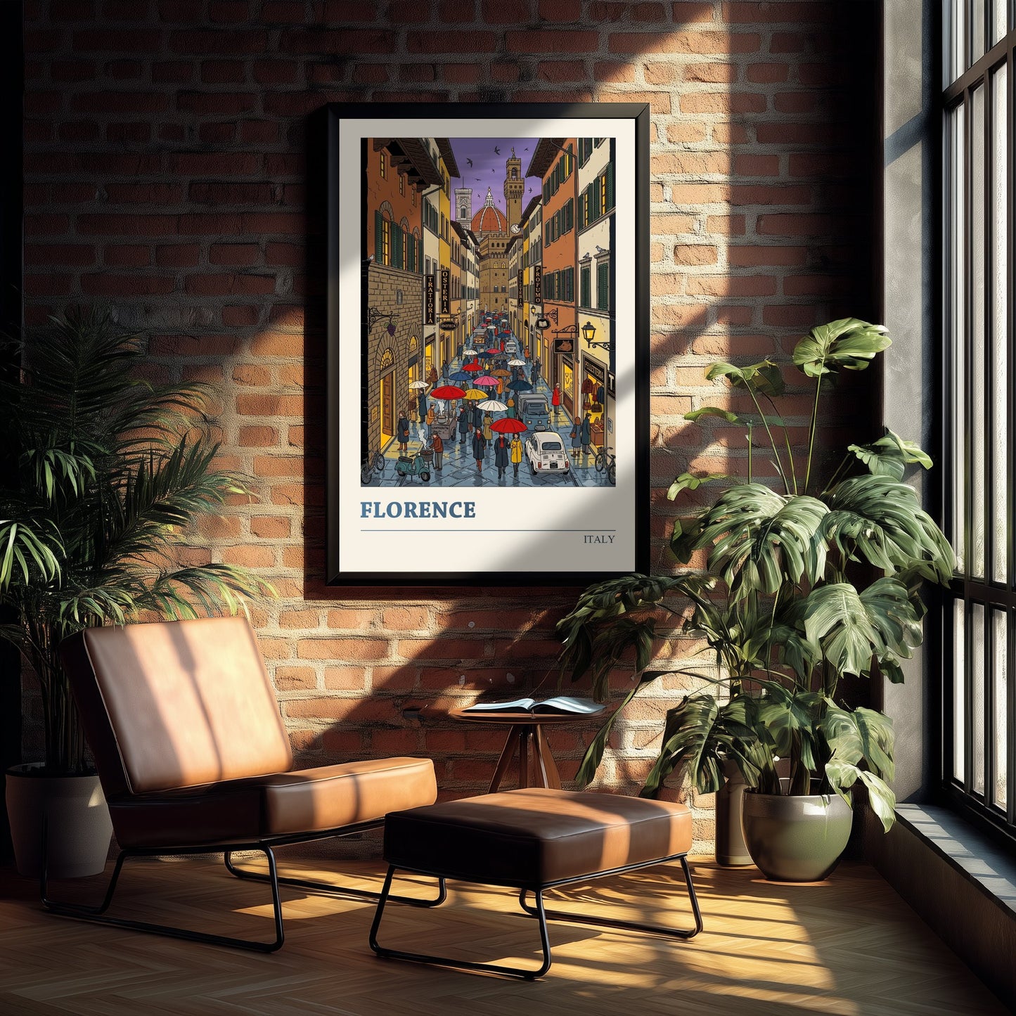 Florence Italy Art Print - Rainy Evening Folk Art Illustration - Duomo and Palazzo Vecchio - Tuscany Travel Poster 1/3
