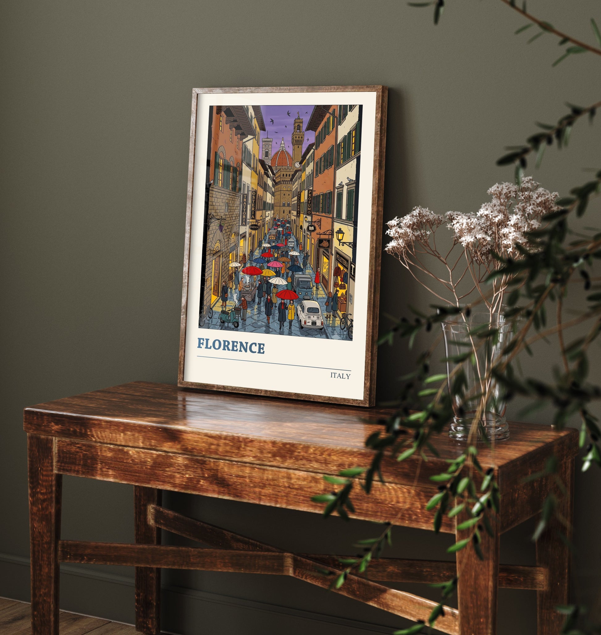 Florence Italy Art Print - Rainy Evening Folk Art Illustration - Duomo and Palazzo Vecchio - Tuscany Travel Poster 1/3