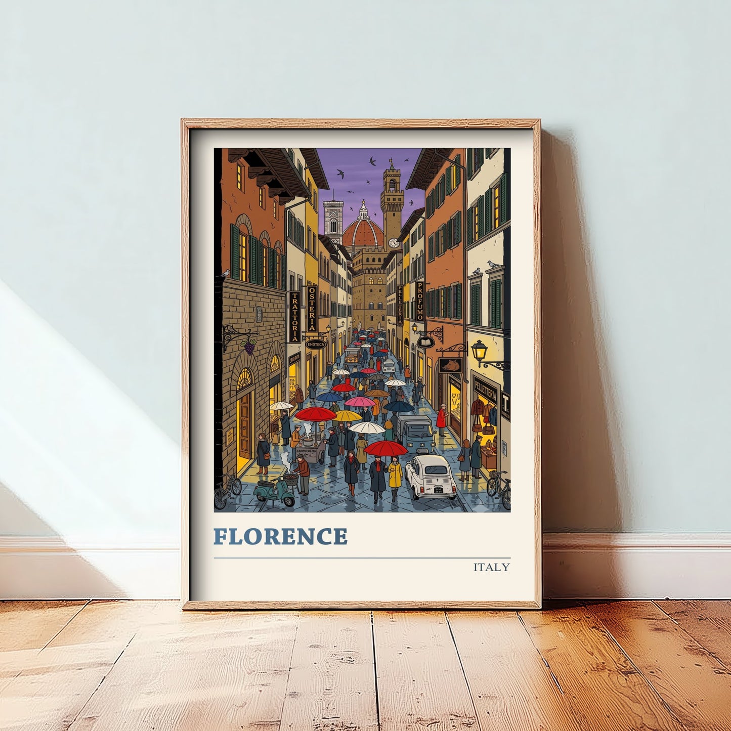 Florence Italy Art Print - Rainy Evening Folk Art Illustration - Duomo and Palazzo Vecchio - Tuscany Travel Poster 1/3
