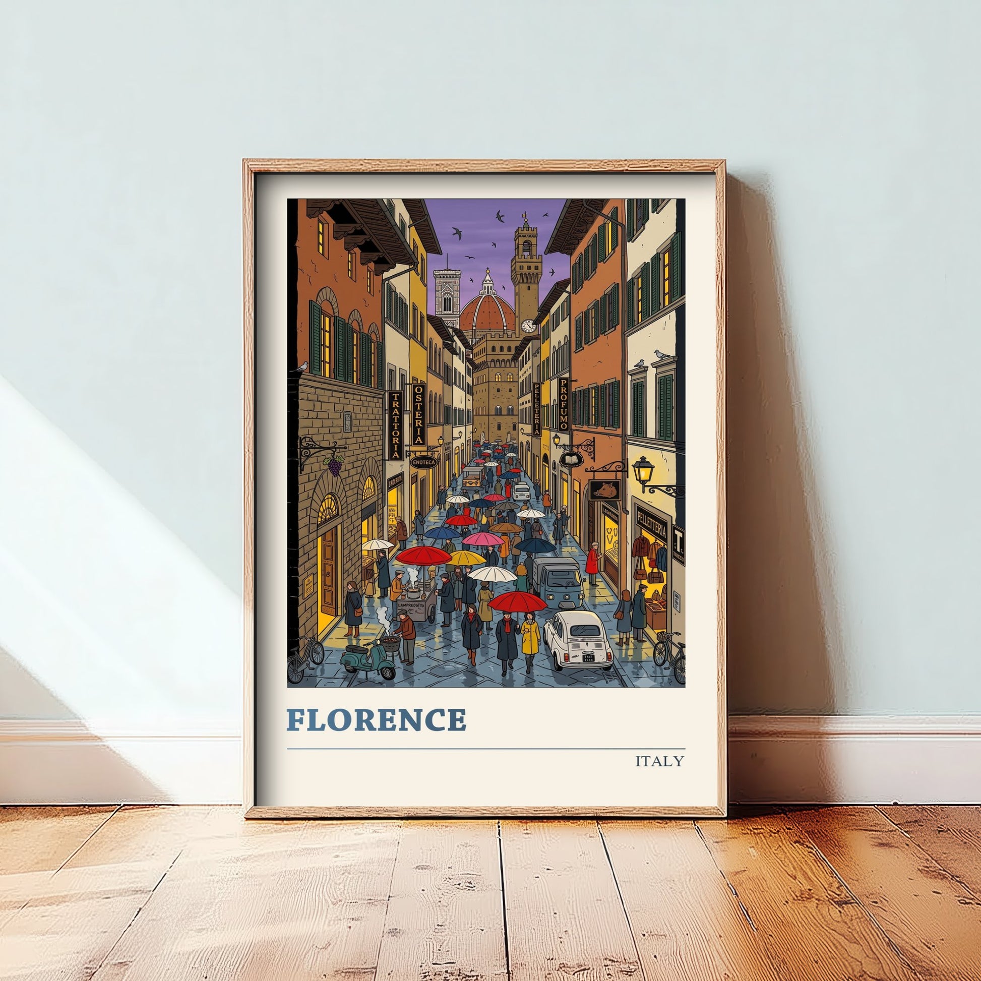Florence Italy Art Print - Rainy Evening Folk Art Illustration - Duomo and Palazzo Vecchio - Tuscany Travel Poster 1/3