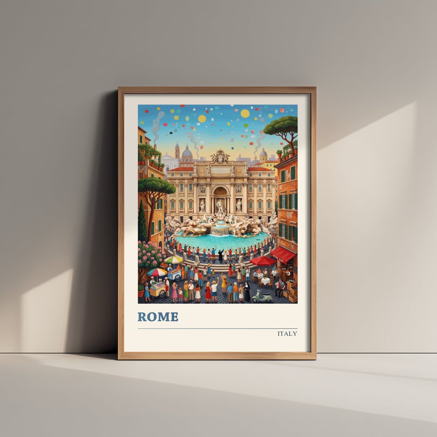 Rome Italy Art Print - Trevi Fountain Folk Art Illustration - Coin Toss Piazza Scene - Italian Travel Poster 2/3