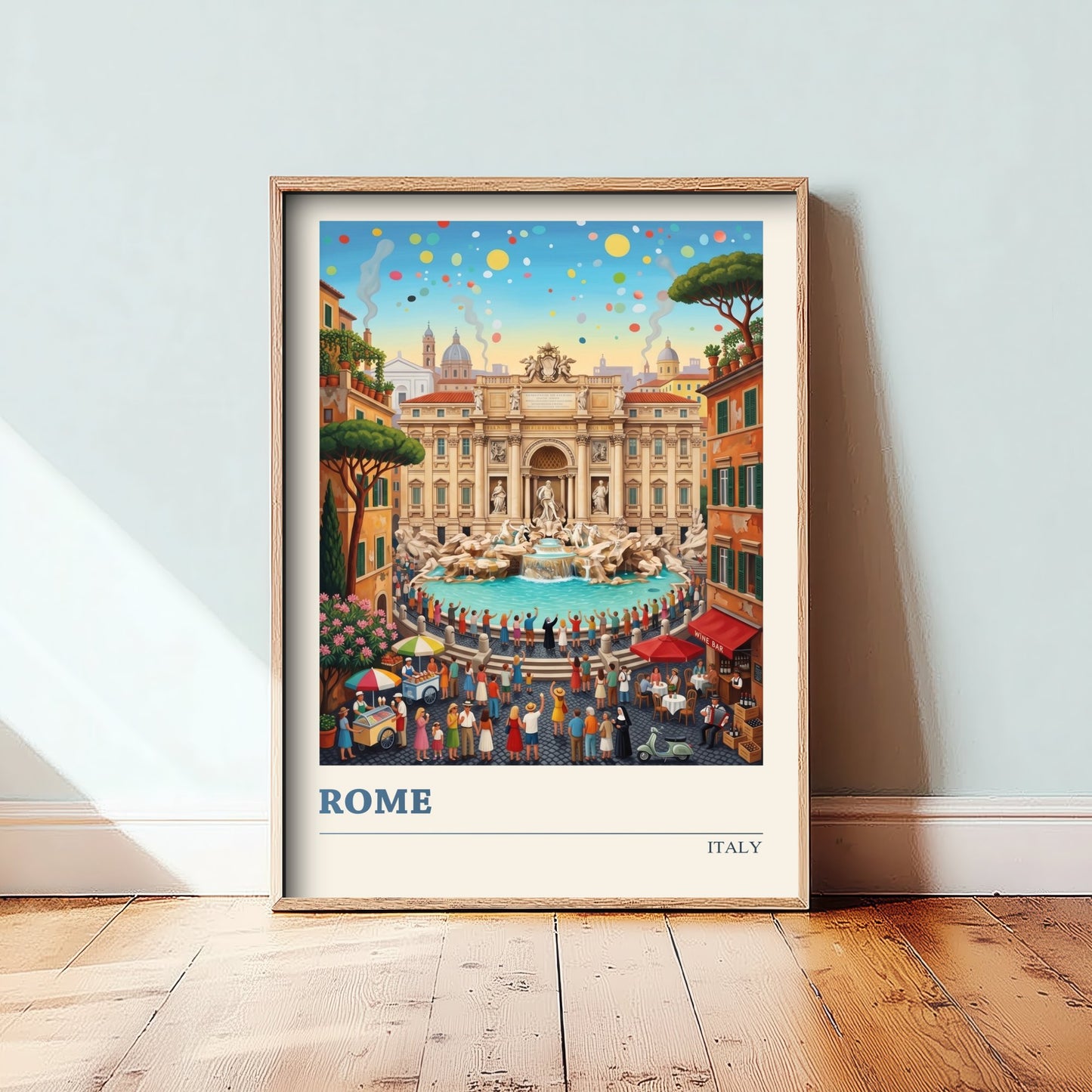 Rome Italy Art Print - Trevi Fountain Folk Art Illustration - Coin Toss Piazza Scene - Italian Travel Poster 2/3