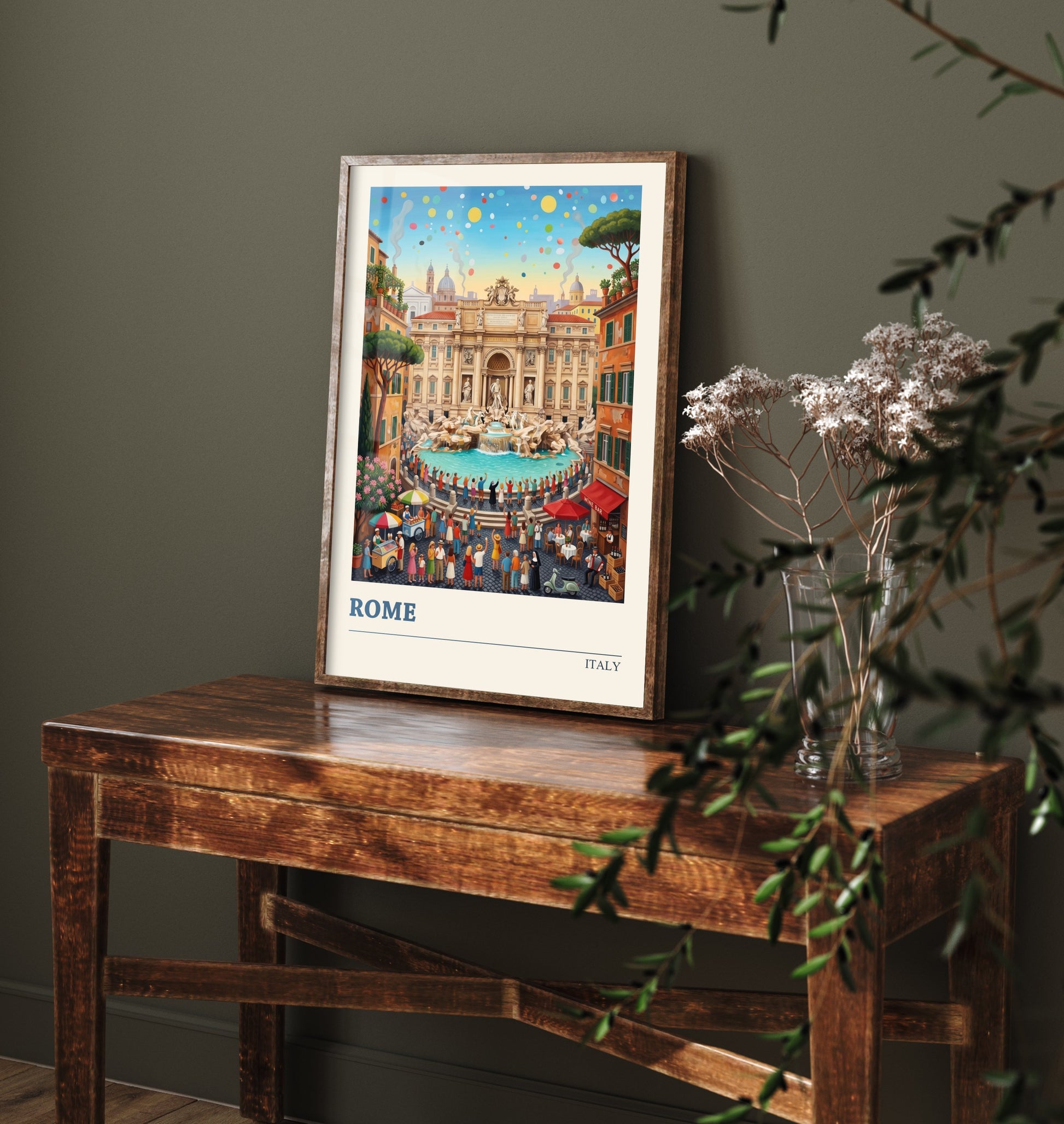 Rome Italy Art Print - Trevi Fountain Folk Art Illustration - Coin Toss Piazza Scene - Italian Travel Poster 2/3