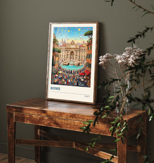 Rome Italy Art Print - Trevi Fountain Folk Art Illustration - Coin Toss Piazza Scene - Italian Travel Poster 2/3