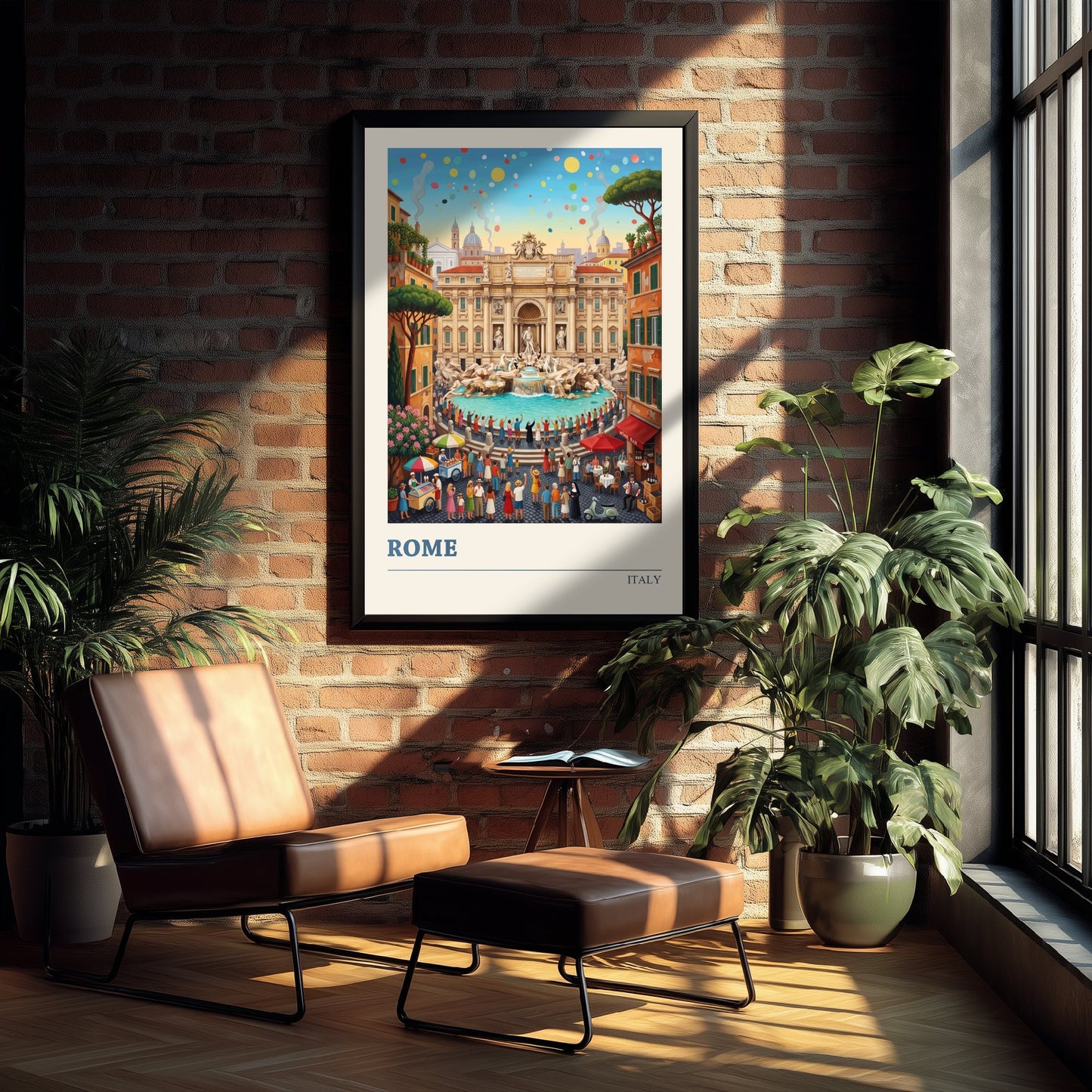 Rome Italy Art Print - Trevi Fountain Folk Art Illustration - Coin Toss Piazza Scene - Italian Travel Poster 2/3