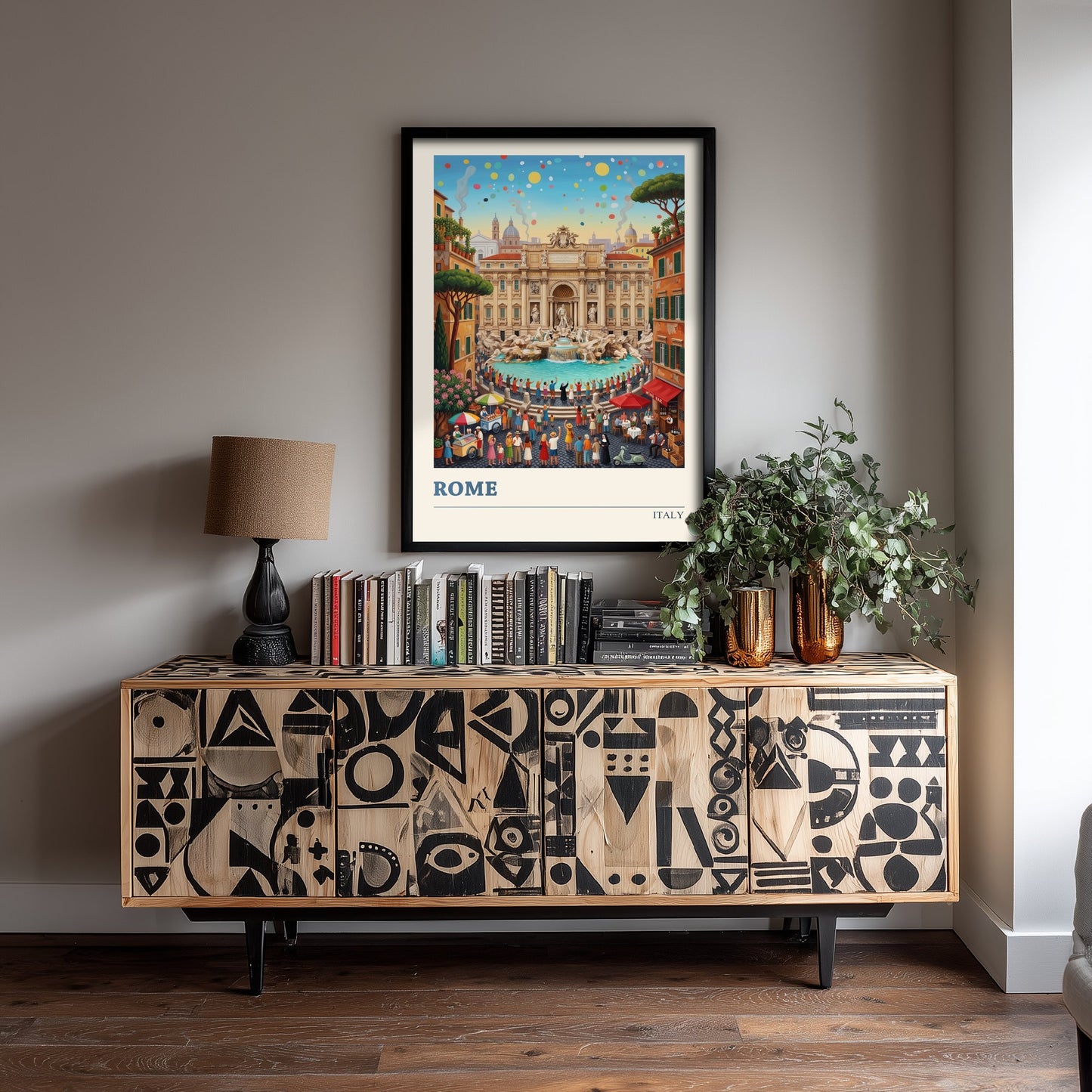 Rome Italy Art Print - Trevi Fountain Folk Art Illustration - Coin Toss Piazza Scene - Italian Travel Poster 2/3