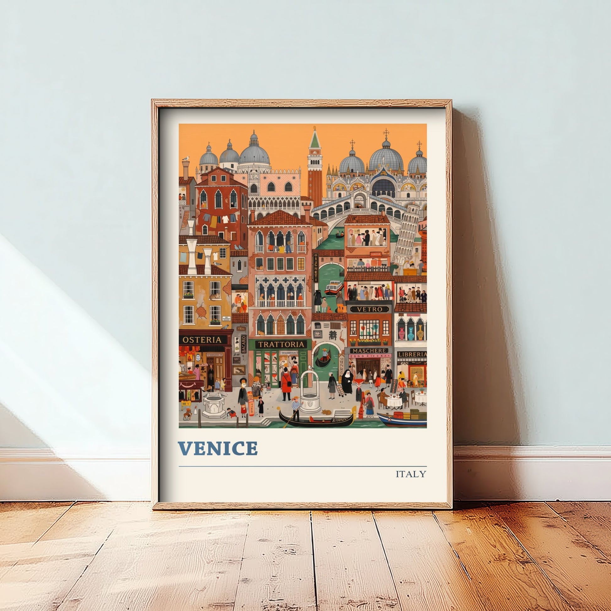 Venice Italy Art Print - Canals and Gondolas Folk Art Illustration - Rialto Bridge and St Mark's - Italian Travel Poster 3/3