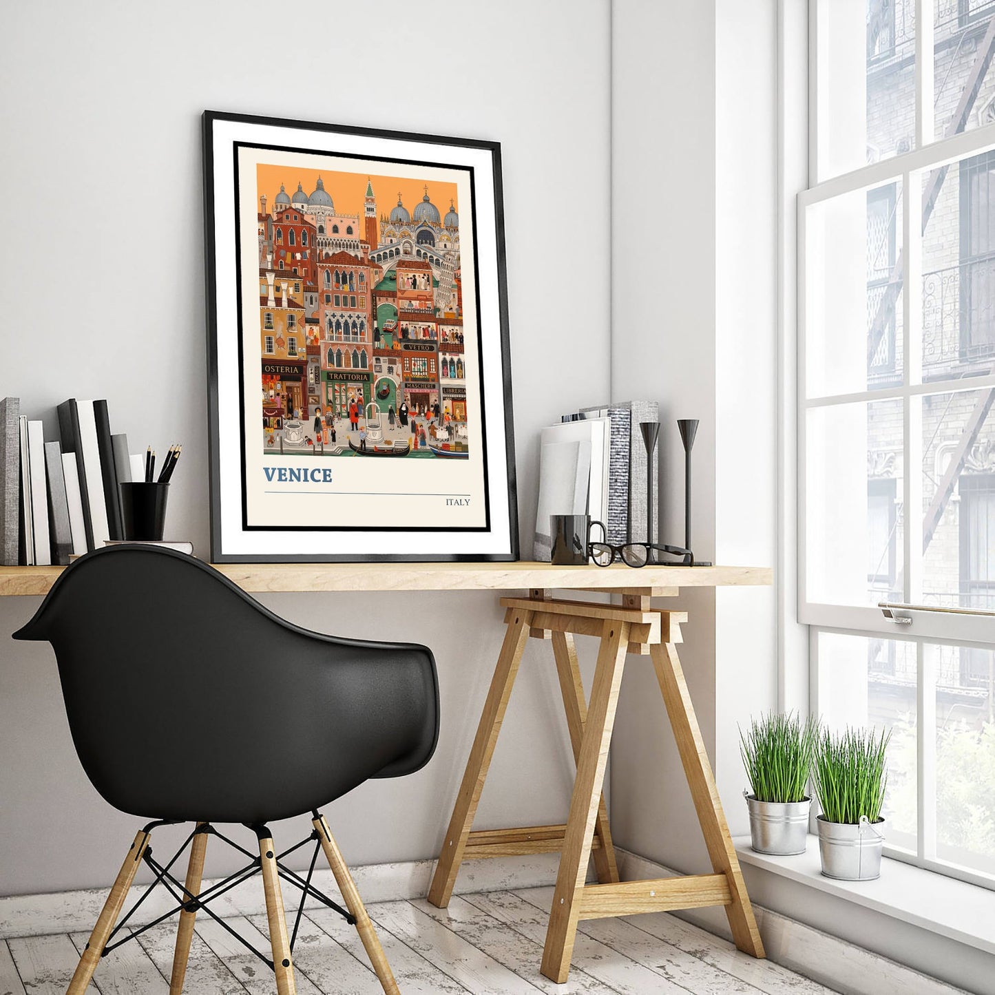 Venice Italy Art Print - Canals and Gondolas Folk Art Illustration - Rialto Bridge and St Mark's - Italian Travel Poster 3/3