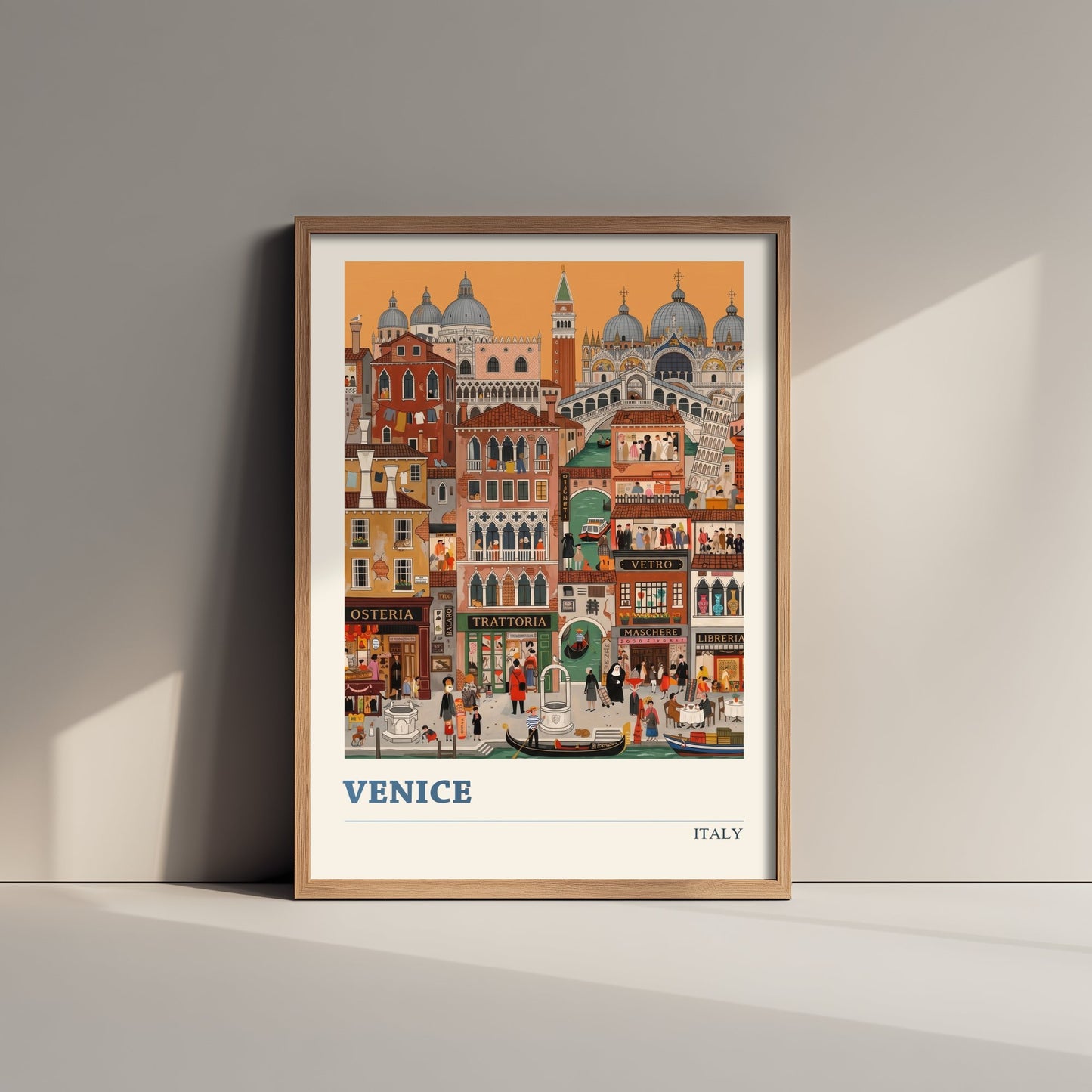 Venice Italy Art Print - Canals and Gondolas Folk Art Illustration - Rialto Bridge and St Mark's - Italian Travel Poster 3/3