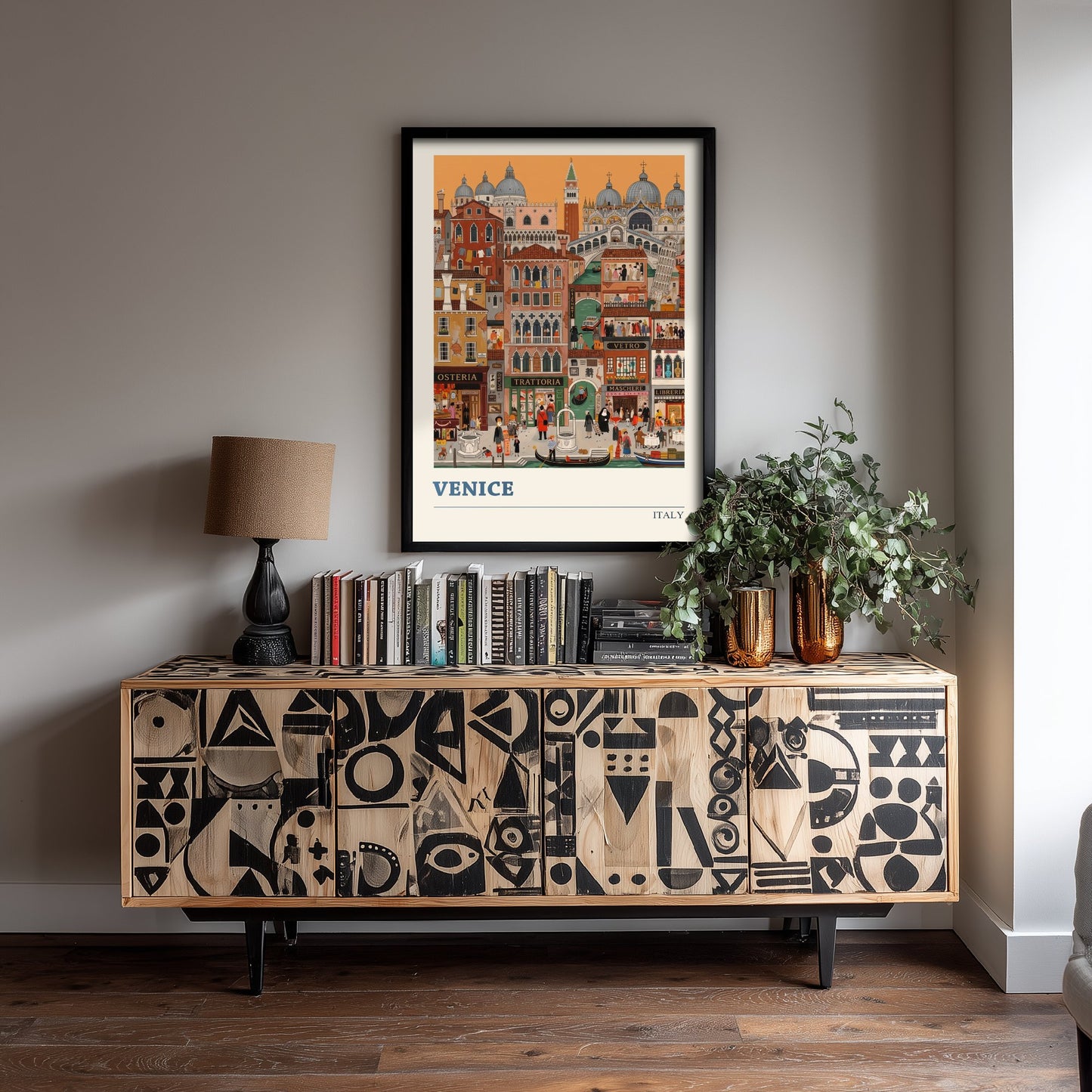 Venice Italy Art Print - Canals and Gondolas Folk Art Illustration - Rialto Bridge and St Mark's - Italian Travel Poster 3/3