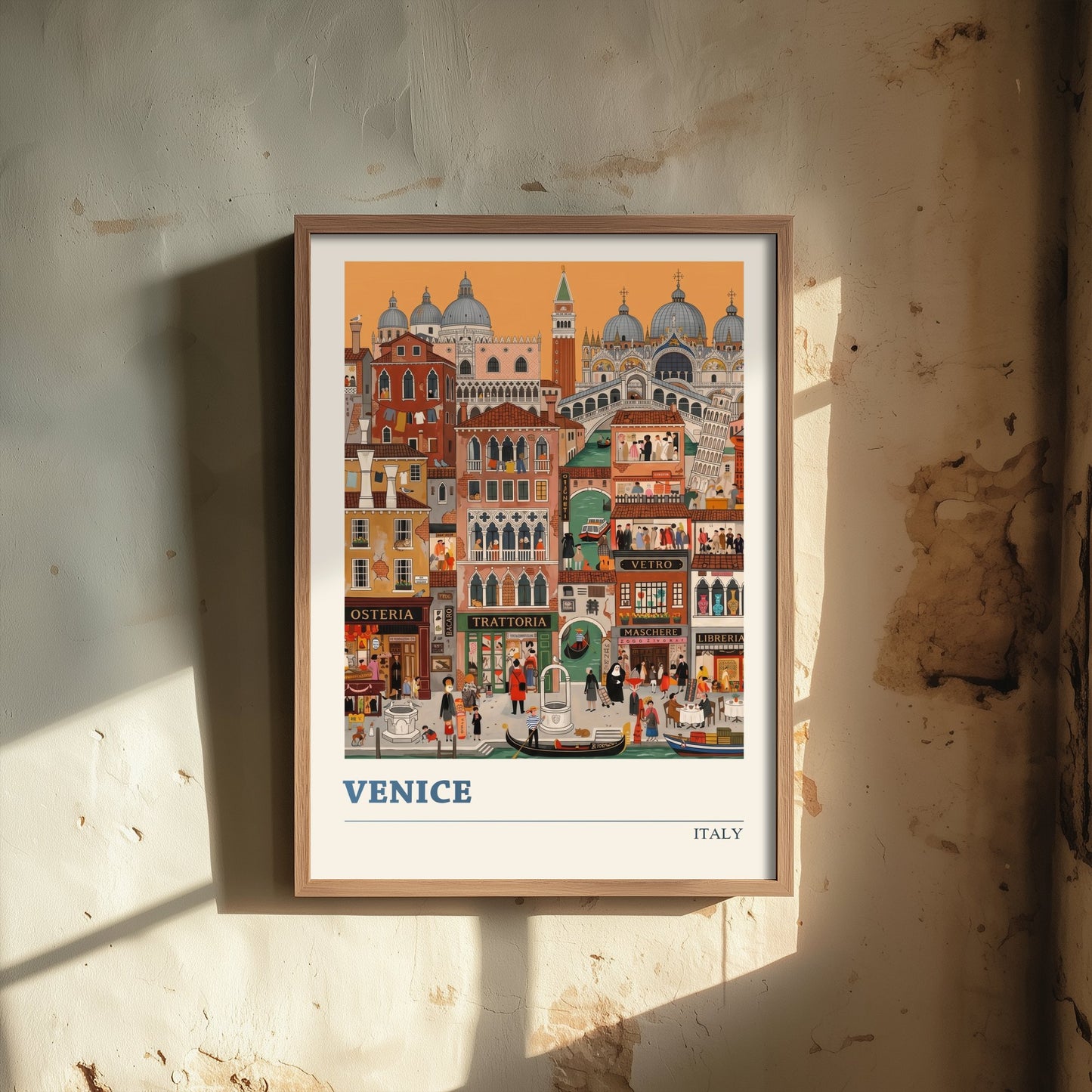 Venice Italy Art Print - Canals and Gondolas Folk Art Illustration - Rialto Bridge and St Mark's - Italian Travel Poster 3/3