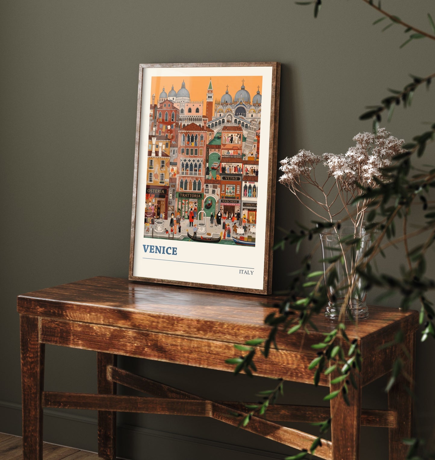 Venice Italy Art Print - Canals and Gondolas Folk Art Illustration - Rialto Bridge and St Mark's - Italian Travel Poster 3/3