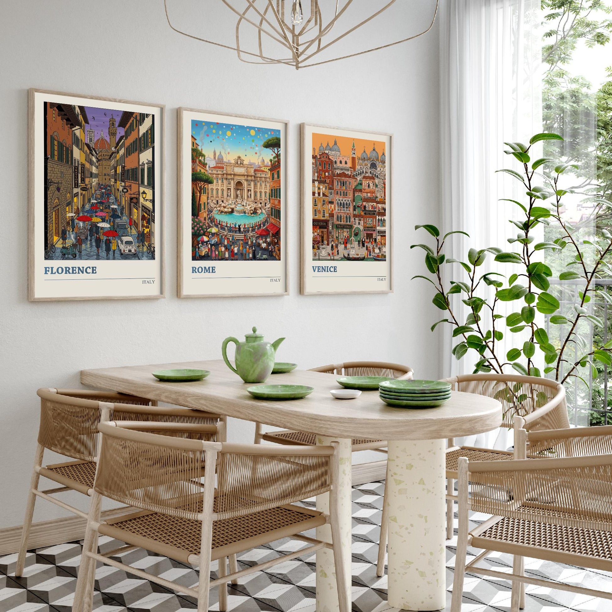 Italy Set of Three Art Prints - Florence, Rome, Venice - 3 Colourful Folk Illustration Travel Posters - Italian Cities Painting