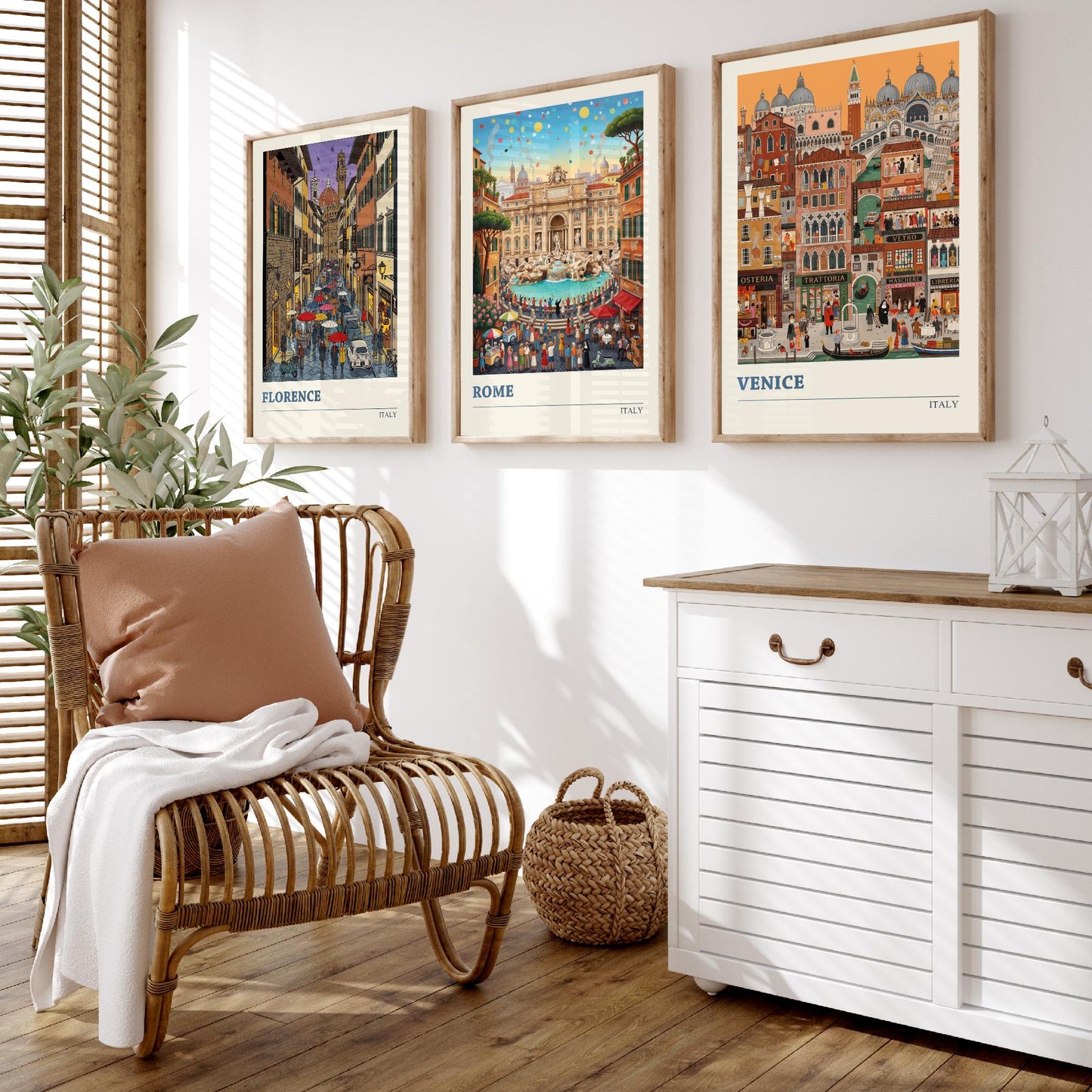 Italy Set of Three Art Prints - Florence, Rome, Venice - 3 Colourful Folk Illustration Travel Posters - Italian Cities Painting