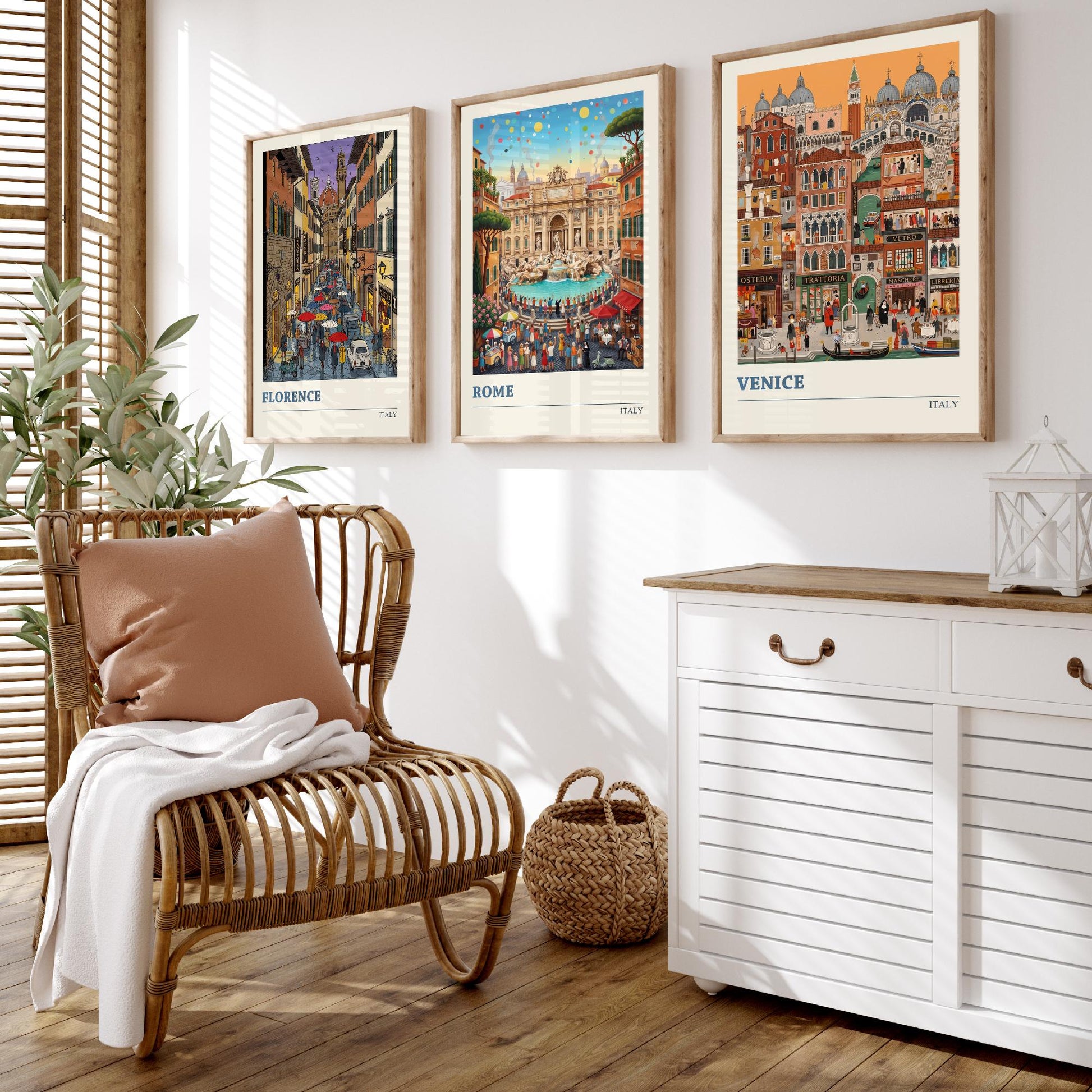Italy Set of Three Art Prints - Florence, Rome, Venice - 3 Colourful Folk Illustration Travel Posters - Italian Cities Painting