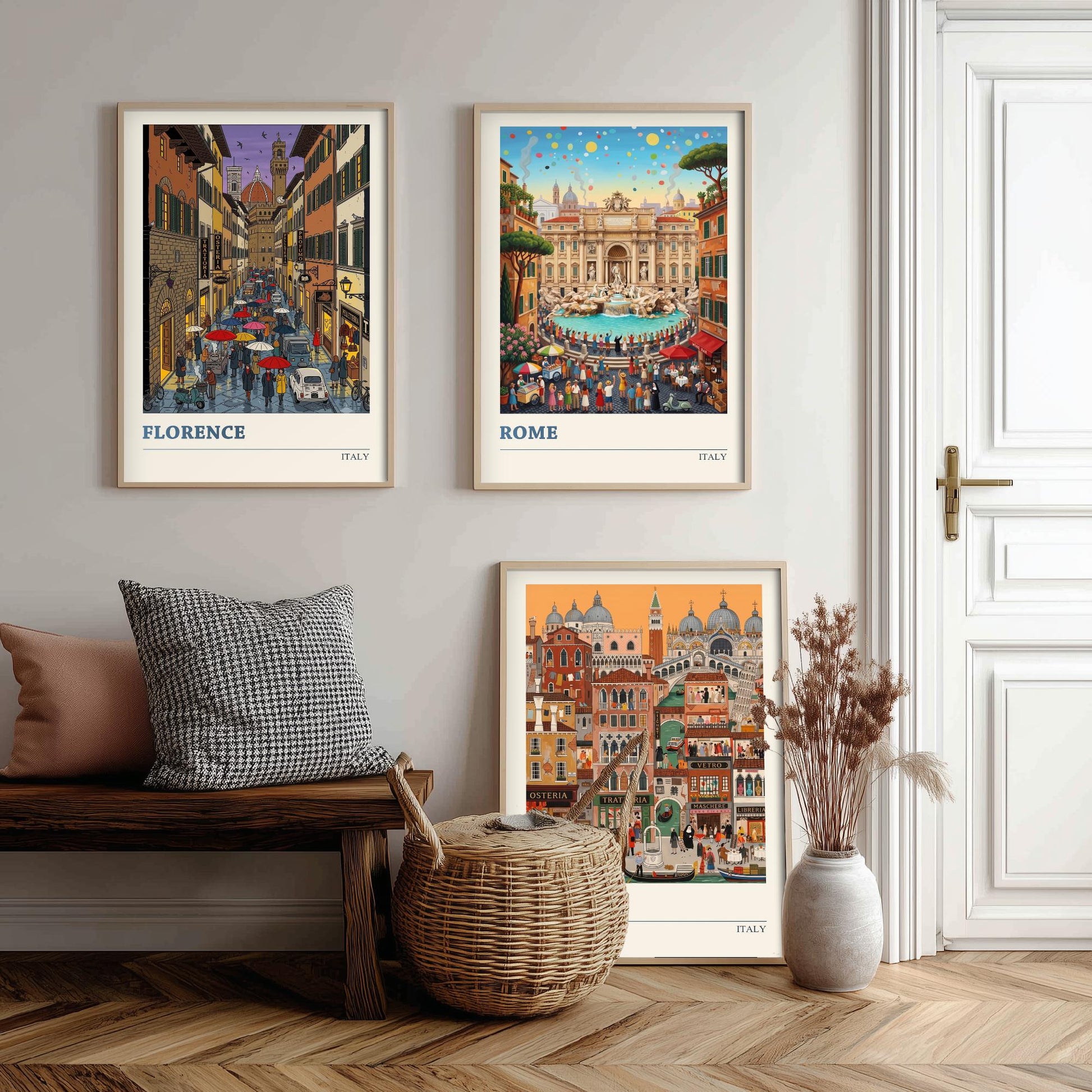 Italy Set of Three Art Prints - Florence, Rome, Venice - 3 Colourful Folk Illustration Travel Posters - Italian Cities Painting