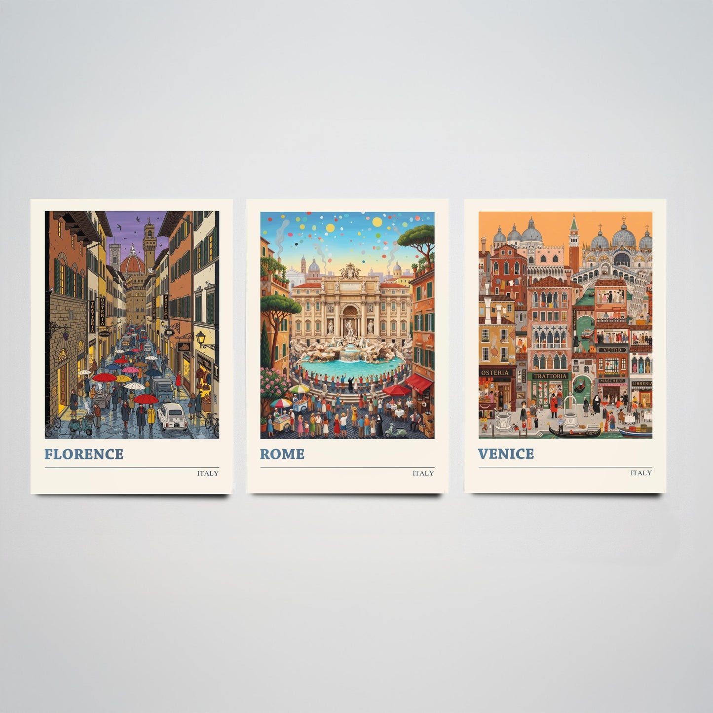 Italy Set of Three Art Prints - Florence, Rome, Venice - 3 Colourful Folk Illustration Travel Posters - Italian Cities Painting